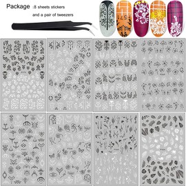 8 Sheets Black White Leaves Flowers Nail Stickers Decals,3D Self- Adhesive Retro Flower Vintage Vine Rose Flower Butterflies Nail Design Classic Fashion Simple Self Adhesive Sticker for Women Girls Nails Art DIY Decoration With 1 Pcs Anti-Static Tweezers
