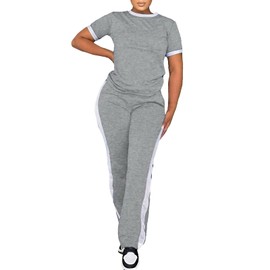 PINSV Women's 2 Piece Outfits Short Sleeve Tops Sweatpants Colorblock Lounge Sets Tracksuits Gray M
