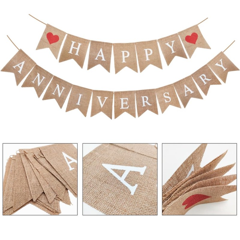 Happy Anniversary Banner Burlap with 2 Hearts Burlap Decorations Wedding