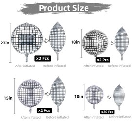 HYHJBLN 26Pcs Disco Ball Balloons Different Sizes- 4D Large Disco Balloons 22 18 15 10 Inch Metallic Silver Disco Mylar Foil Balloons Round Balloons for 70s 80s 90s Disco Themed Party Decor Supplies
