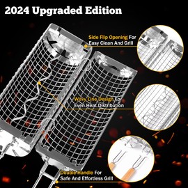 AZEEBOI Rolling Grilling Baskets (2024), Double-Handle Flip Grill Cylinders, BBQ Accessories for Vegetables, Outdoor Barbecue Cooking Camping Tools, Christmas Birthday Gifts for Men Dad Husband