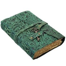 Embossed Leather Journal with Antique Key Vintage Pages Handmade Journal Leather Sketchbook Notepad Leather Travel Journal Book of Shadows Leather grimoire (A Green, 8x6 Inch)