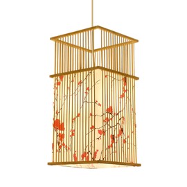 Pendant Light Chinese Style Bamboo Faux Sheepskin Lampshade E27 Ceiling Lantern for Restaurants Dining Rooms