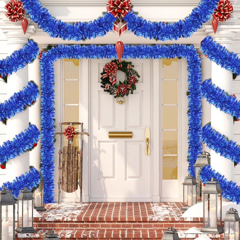 50FT Christmas Tinsel Garland, Blue Tinsel Garland for Christmas Tree