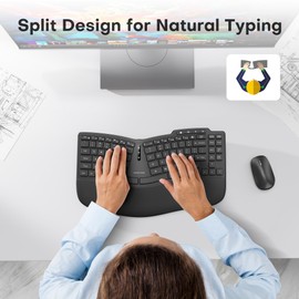 OMOTON Ergonomic Wireless Keyboard, Cushioned Wrist Rest, Rechargeable, USB Connectivity, Split Keyboard for Natural Typing, 2.4G Membrane Silent Keyboard for Windows/PC, Classic Black