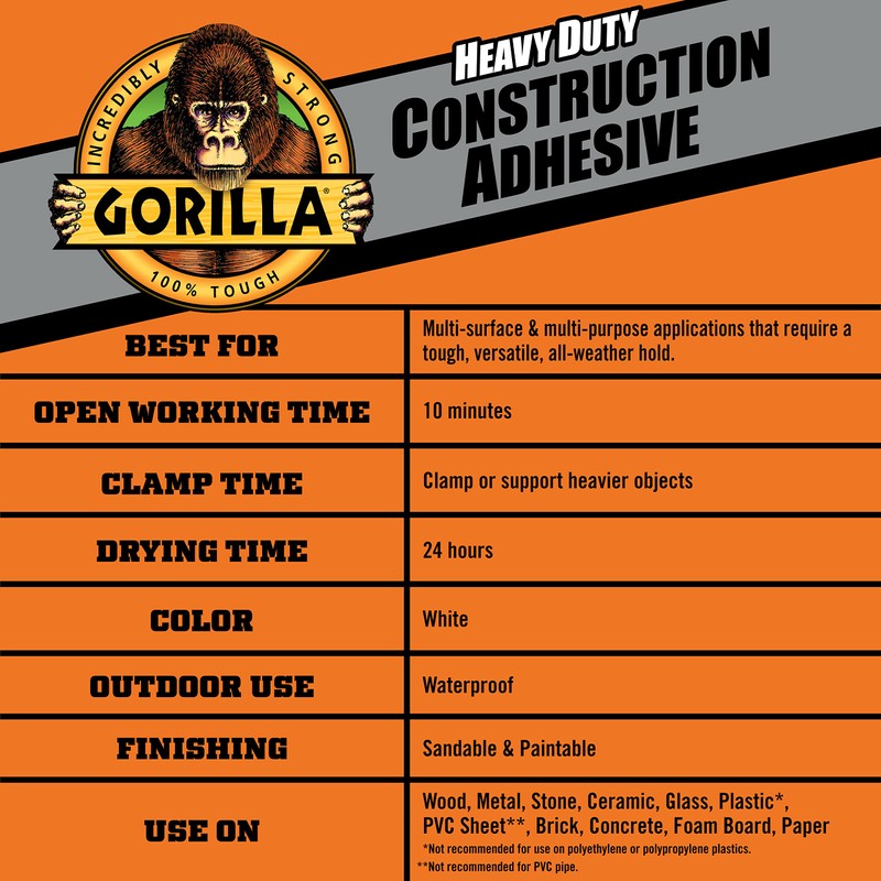 Gorilla Heavy Duty Construction Adhesive, 7 Ounce Squeeze Tube, White,