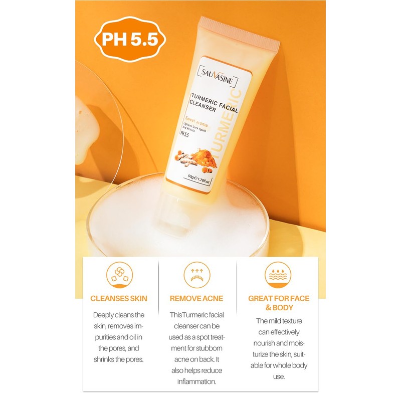 Turmeric Facial Cleanser, pH 5.5, Sweet Aroma, 50g, Lightens Dark