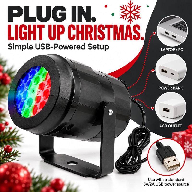 Christmas Projector Light for Walls & Ceilings, 16-Pattern USB Rotating