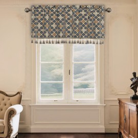 Loom and Mill Elegant Chenille Valances for Living Room Window, Chic Checkered Jacquard Window Treatment Valances with Tassels, Rod Pocket Short Curtain 1 Panel, 54” x 18”, Blue-Grey+Khaki+Beige