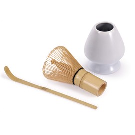 Urban Lifestyle Matcha Brush Set 3 (100 Bristles) with White Matcha Brush Holder Chasen Naoshi and Bamboo Spoon