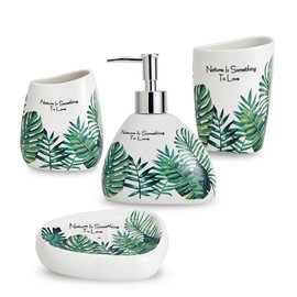 Coffeezone Irregular Shape Bathroom Accessories Set, 4 Piece Tropical Leaves Design Ceramic Bath Accessory Set with Soap Pump Dispenser, Toothbrush Holder, Tumbler & Soap Dish
