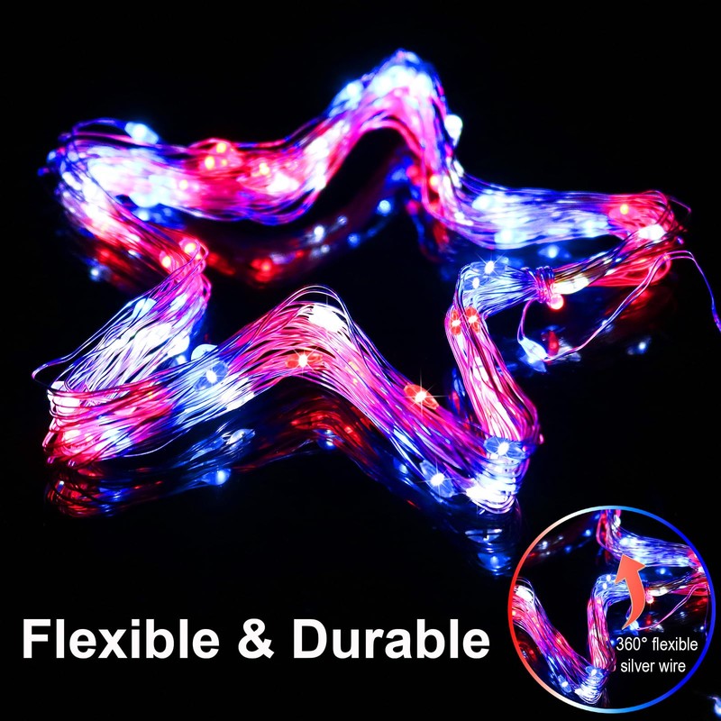 YAOZHOU Patriotic Red White and Blue Fairy String Lights Battery