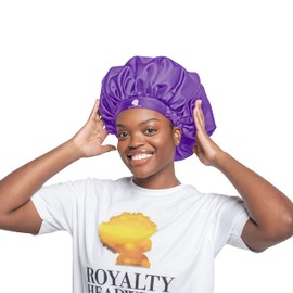 Royalty Headwear Silk Satin Bonnet for Women - Jumbo Extra Secure Non-Slip Satin Hair Bonnet for Sleeping, Bath - Adjustable Satin Cap Silk Hair Bonnet - Purple