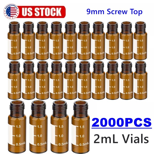 SimPure 2000pcs 2mL Amber Autosampler Vials 9-425 Screw Top 9mm