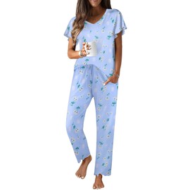 Ekouaer Pajama Sets Womens Short Sleeve Sleepwear Long Pants Pjs 2 Piece Lounge Set Soft Nightwear Blue Floral,Medium