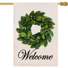 Baccessor Welcome Wreath House Flag Spring Summer Magnolia Leaves House Yard Flag Vertical Double Sided Burlap Farmhouse Large Flags for Outdoor Outside Decoration 28 x 40 Inch