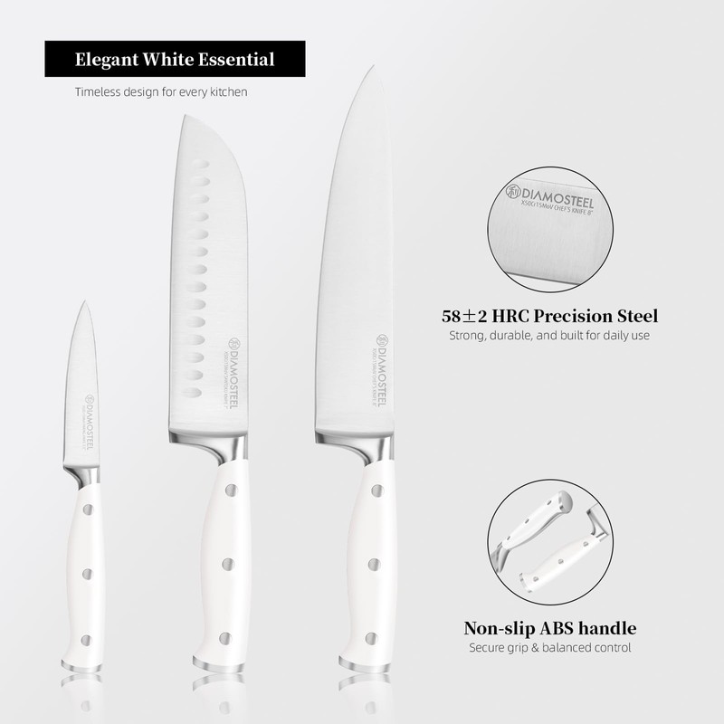 diamosteel White Knife Set, 3-Piece Knives Set for Kitchen with