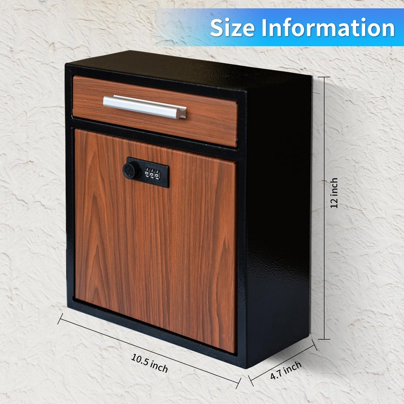 xhlokk Combination Lock Wall-Mount Mailbox, Waterproof Modern Black Mailboxes for