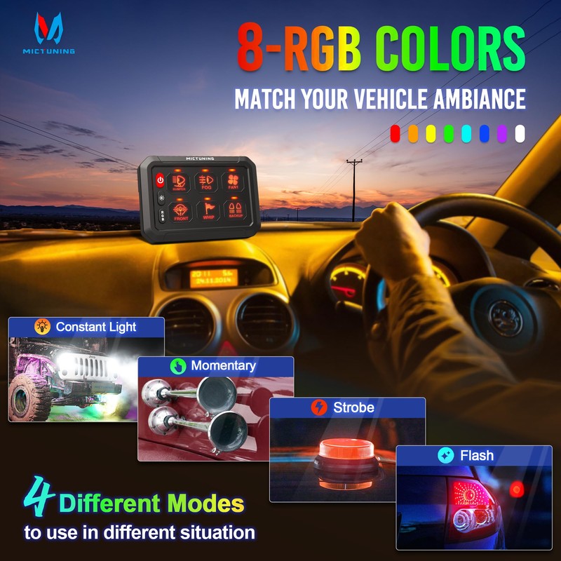 MICTUNING P1s RGB 6 Gang Switch Panel, Multifunction Toggle Momentary