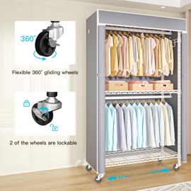 FUTASSI White Clothing Rack with Grey Cover, P1C Rolling Closet Rack with Wheels, Metal Garment Rack for Hanging Clothes, Clothing Storage Wardrobe, 36.2" W x 16.5" D x 80.5" H, Load 450 Pounds