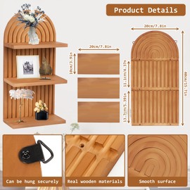 Qivine Boho Wall Shelf, 2 Pcs 3 Tier Shelves for Room Wall, Wood Floating Shelf with Arched Wood Design Wall Mounted for Living Room, Bedroom, Bathroom Decor (Brown, 3-Tier)