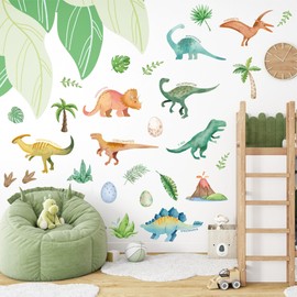 28PCS Watercolor Dinosaur Wall Stickers,Peel and Stick Tropical Forest Dino Wall Decals for Teen Girls Boy Kids Kindergarten Nursery Bedroom Playroom Classroom Home Living Room DIY Decor