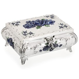 SUMNACON Vintage Metal Small Jewelry Box Trinket Box with Blue Flower Pattern, Retro Trinket Storage Organzier Box Jewelry Holder Box for Rings Earrings Necklace, White (Size L)