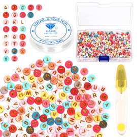 Rustark 1202 Pieces Colourful Letter Beads Kit Acrylic Alphabet Beads A-Z Round Letter Beads Mixed Letter Spacer Beads with 1 Roll Crystal String Cord and Scissors for Bracelets and Jewellery Making
