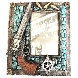 SUREG Western Pistol Design Photo Frame Poly Resin (Single Pistol Turquoise Stone US Marshal Design 4 X 6)