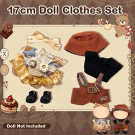 Xerteam 2 Sets Kleidung für 17cm Plüschpuppen, 17cm Plüsch Puppen Kleidung mit Kleid + Haarnadel mit Schleife + Top + Roten Overall + Karierte Mütze, Geschenk Kinder Ohne Puppe