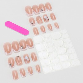 3d Press on Nails Short Square Fake Nails with Flower Rhinestones Water Ripples designs French Tip Press ones False Nails Glossy Full Cover Nude Pink Glue on Nails for Women Manicure24pcs