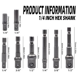 AMZSKU Socket Adapter, 8 Piece Set, 1/4" Hex Adapter to 1/4", 3/8", 1/2" Socket, for Drill and Cordless Screwdriver, Sockets and Sockets, Bit Holder