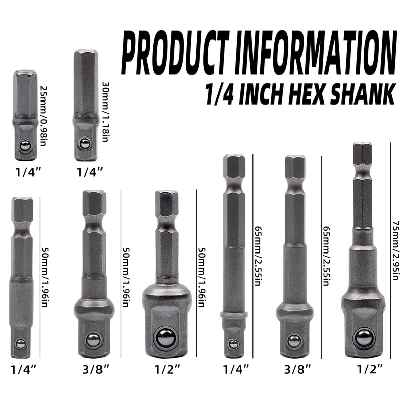 AMZSKU Socket Adapter, 8 Piece Set, 1/4" Hex Adapter to