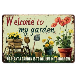 Seeyoo Welcome to My Garden Tin Sign Vintage Metal Sign Flowers and Tools Gardening Gifts Decorations for Home Greenhouse Living Room Bedroom Yard Backyard Outdoor Decor 8X12 Inch
