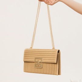 KimeNex Straw Clutch Purse for Women, Boho Chic Summer Beach Handbag with Chain Strap (Khaki)