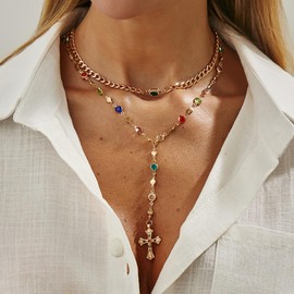 GRUOR 2PCS Gold Cross Necklaces for Women Trendy,Bohemian Colorful Crystal Chain Y Long Pendant Necklace Set,Vintage Cross Necklace Stack Adjustable Length