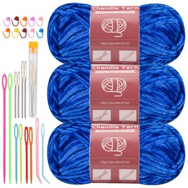 LUNARM Chenille Yarn for Crocheting Knitting, 3 Skein 263 Yard Thick Soft Chunky Fluffy Weaving Plush Yarn for Blankets Clothes Pattern Creations with Big Eye Needles (Royal Blue)