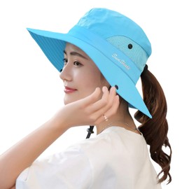 Sombrero de malla de ala ancha para mujer, protección solar UV, con agujero para cola de caballo, Cielo azul puro, Talla única
