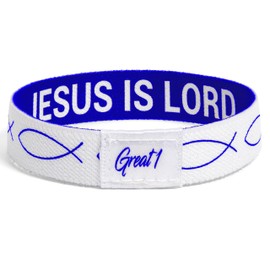 Great 1 JESUS IS LORD Ichthys Symbol/Jesus Fish Bracelet - Inspirational Religious Christian Reversible Stretch Wristband (Blue, Medium)