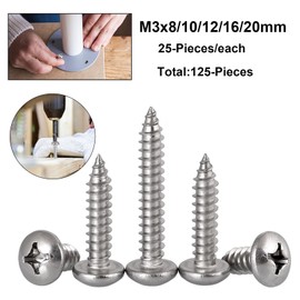 FandWay Phillips Pan Head Self-Tapping Screws, 304 Stainless Steel Round Head Tapper Screws, M3 x 8/10/12/16/20mm Sheet Metal Screws, Wood Screws Assortment Set (25-Pieces/each)