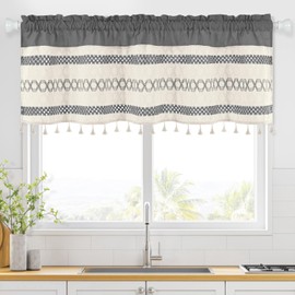 FRAMICS Farmhouse Linen Valance for Windows Boho Crochet Short Curtain with Tassel Country Grey Valance for Kitchen Light Filtering Rod Pocket Window Treatment for Bathroom, 1 Panel, 52" W x 18" L