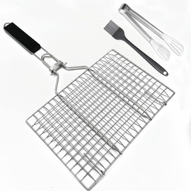 Fish Grill Basket with Pastry Brush & Barbecue Tongs, Stainless Steel Grill Basket, Fish Roaster, Foldable, Portable, Grill Basket for Fish Vegetables, Shrimps, Portable Grill Tool Grill with