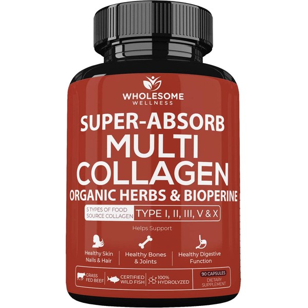Super-Absorb Multi Collagen Pills (Type I II III V X) Organic Herbs and Bioperine - Anti-Aging, Hair, Skin, Nails, Joints - Hydrolyzed Collagen Peptides Protein Supplement for Women Men (90 Capsules)