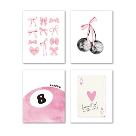 LiTiu Preppy Coquette Room Decor, Preppy Posters for Room Aesthetic Set of 4, Dorm Decor, Pink Cherry Bow Lucky 8 Ball Coquette Wall Decor Posters for Girls Bedroom, 8x10 in Poster (Unframed)
