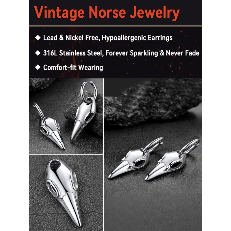 Stainless Steel Viking Earrings Hoops, Antique Gothic Raven Skull Earrings