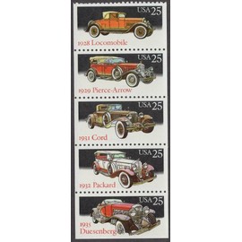 1988 Classic Automobiles Booklet Pane of 5 25c Stamps, Mint NH