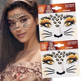 Totelux Leopard Face Tattoos Stickers Glitter Face Jewels Cute Cheetah Animal Temporary Tattoo for Adult Kids Makeup Winter Birthday Festive Cosplay Party Decoration Supplies 2Pcs