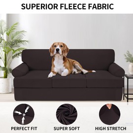 Deeky 4 Pieces Stretch Sofa Covers T Cushion Sofa Slipcover Soft Fleece Couch Cover Furniture Protector Covers with 3 Individual T Cushion Shape Seat Cover Machine Washable, Sofa, Chocolate
