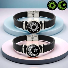 ZENRUIMING 2pcs sun star moon glow-in-the-dark bracelets, men's and women's black leather bracelets, sun moon star couple bracelets