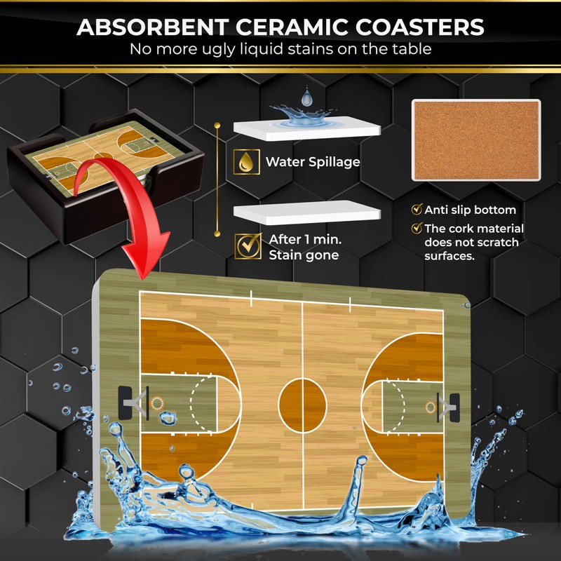 Basketball Ceramic Coasters with Holder. Absorbent Coaster for Drinks, Coaster